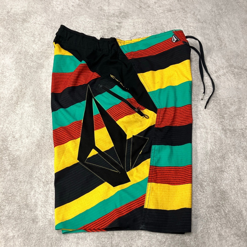 Y2K Volcom Board Shorts V6S 4-Way Stretch Rasta Striped Swim Trunks Mens 34